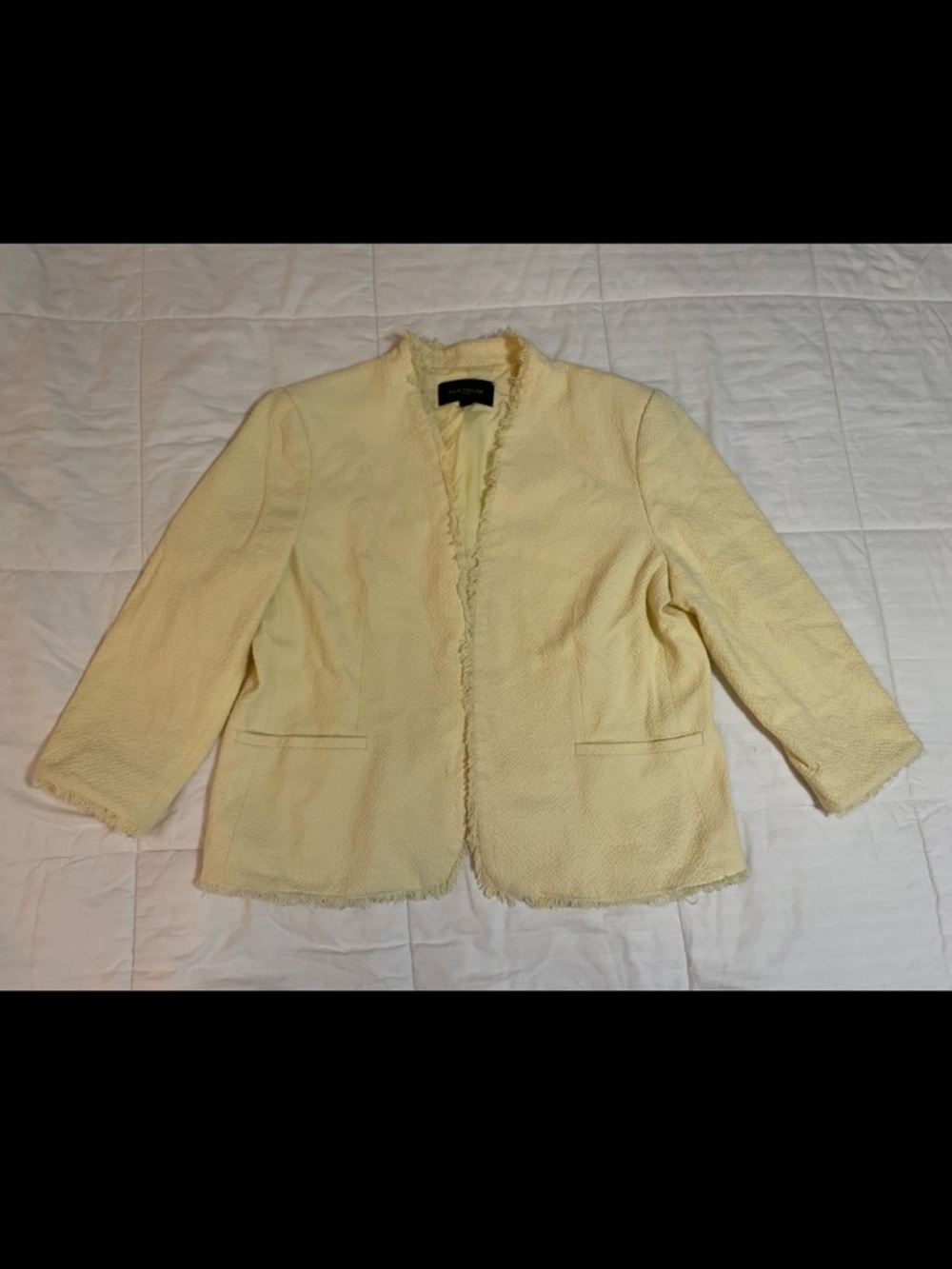 Ann Taylor Butter Yellow Textured Open Front Fringe Trim Blazer Jacket 16 EUC